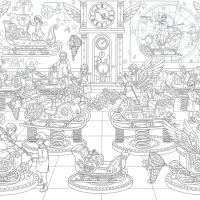 Christmas whimsical clockwork sleigh factory scene