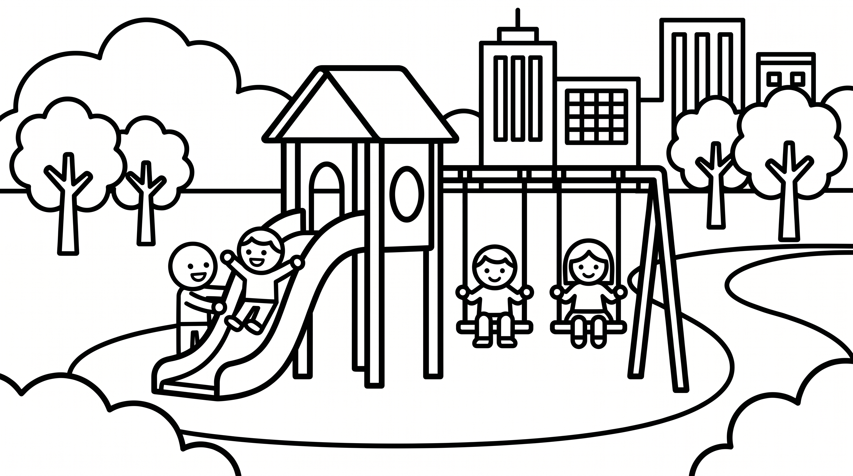 A city park with a playground, swings, and children playing on a slide. coloring page to print