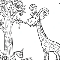 Giraffe painting a tall tree scene