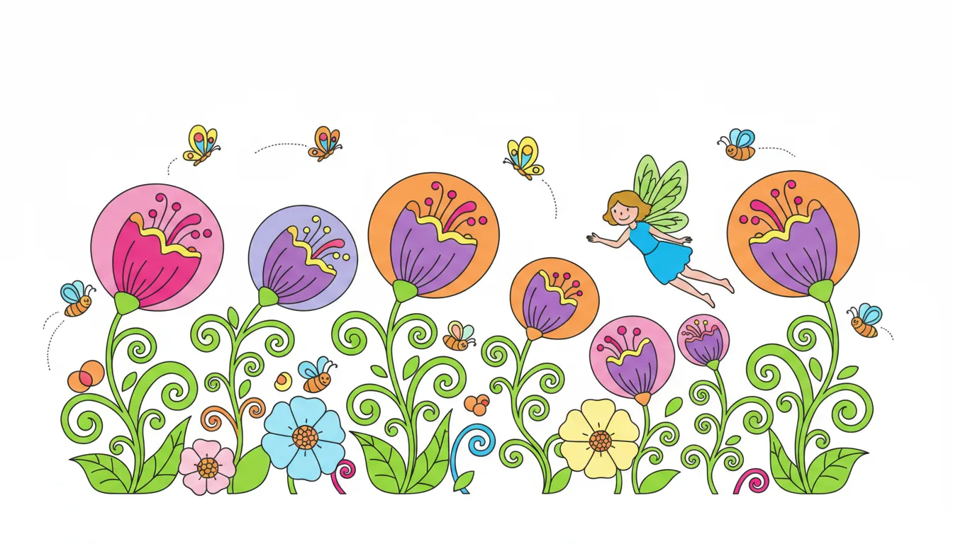 whimsical fairy flying through glowing flowers garden coloring page to print