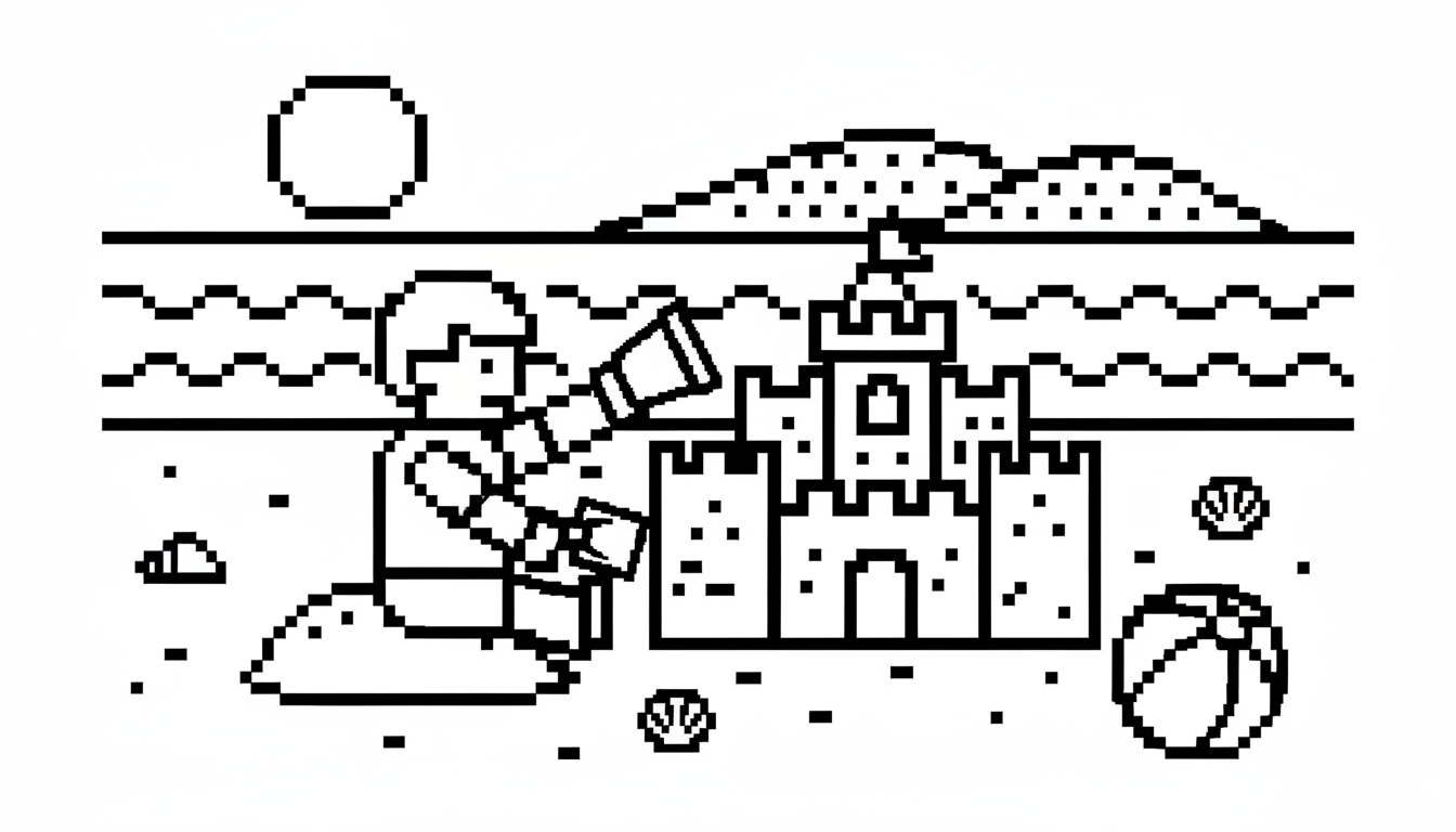 Child building sandcastle on the beach coloring page to print