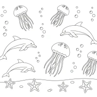 Vibrant underwater scene with jellyfish, starfish and dolphins