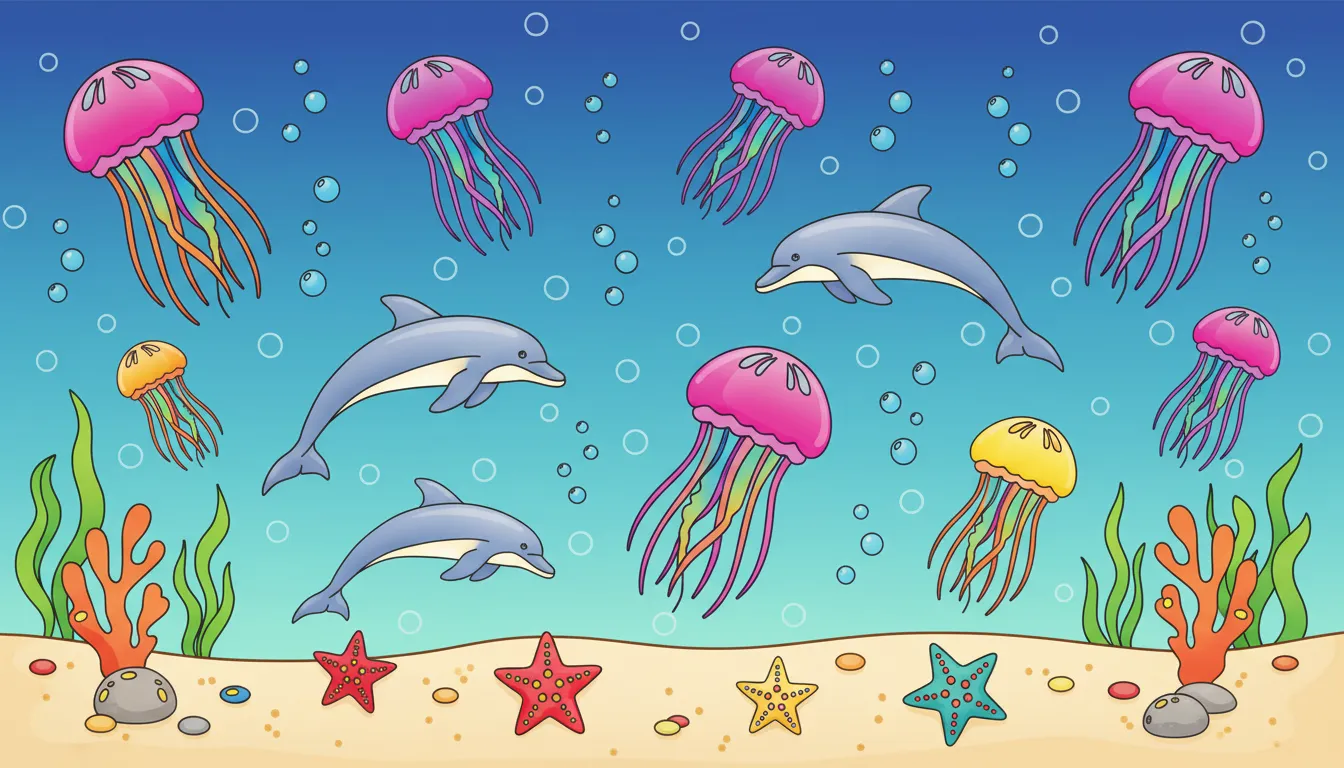 Vibrant underwater scene with jellyfish, starfish and dolphins coloring page to print