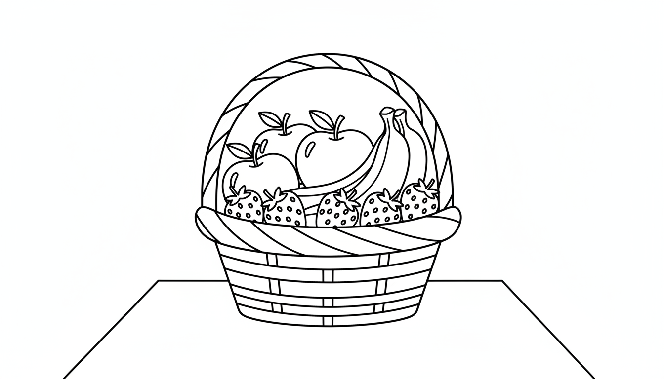 basket of fresh fruits on table coloring page to print