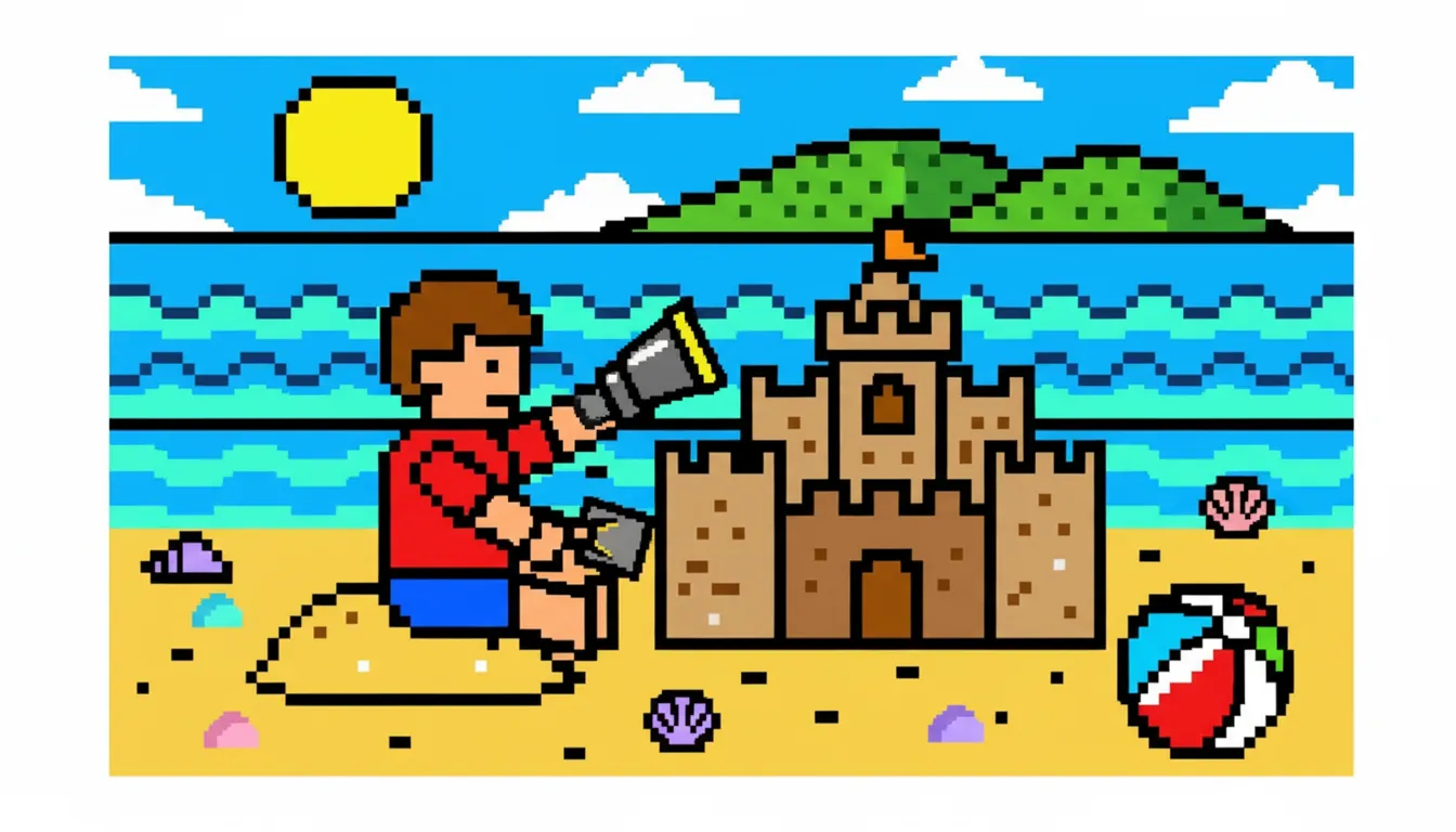 Child building sandcastle on the beach coloring page to print