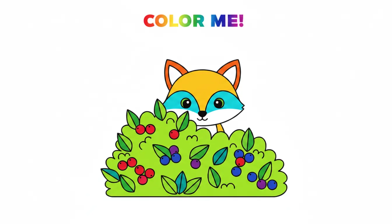 Cute fox peeking behind berry bush coloring page to print