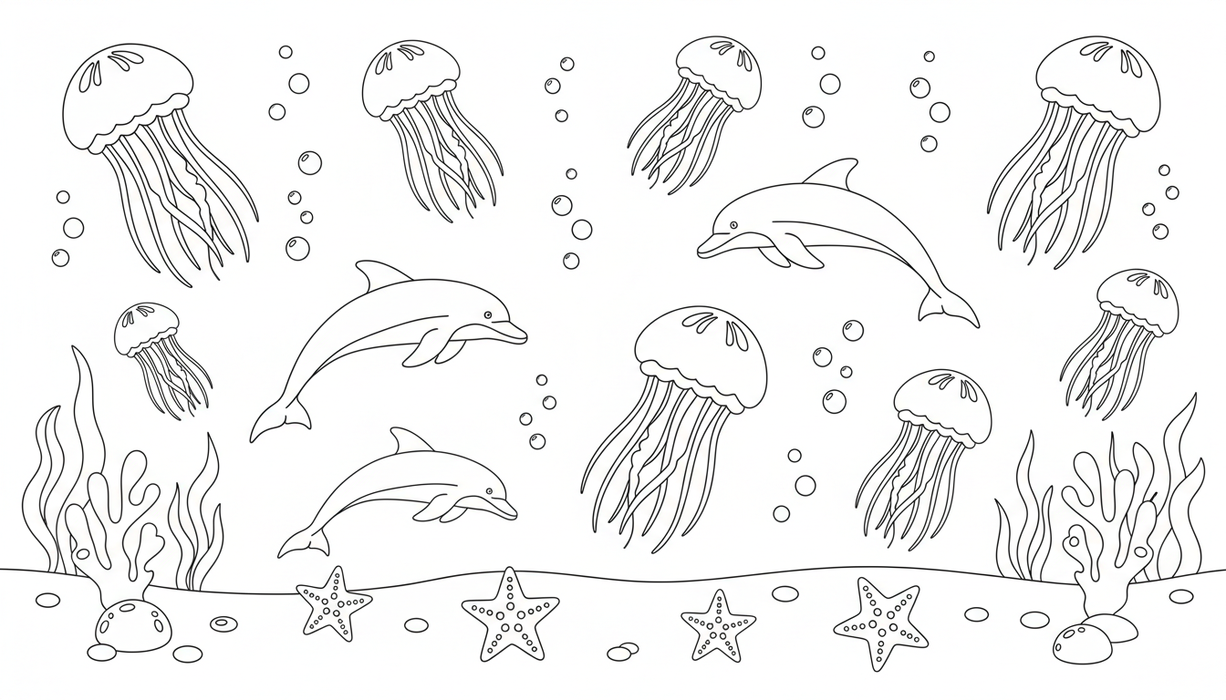 Vibrant underwater scene with jellyfish, starfish and dolphins coloring page to print