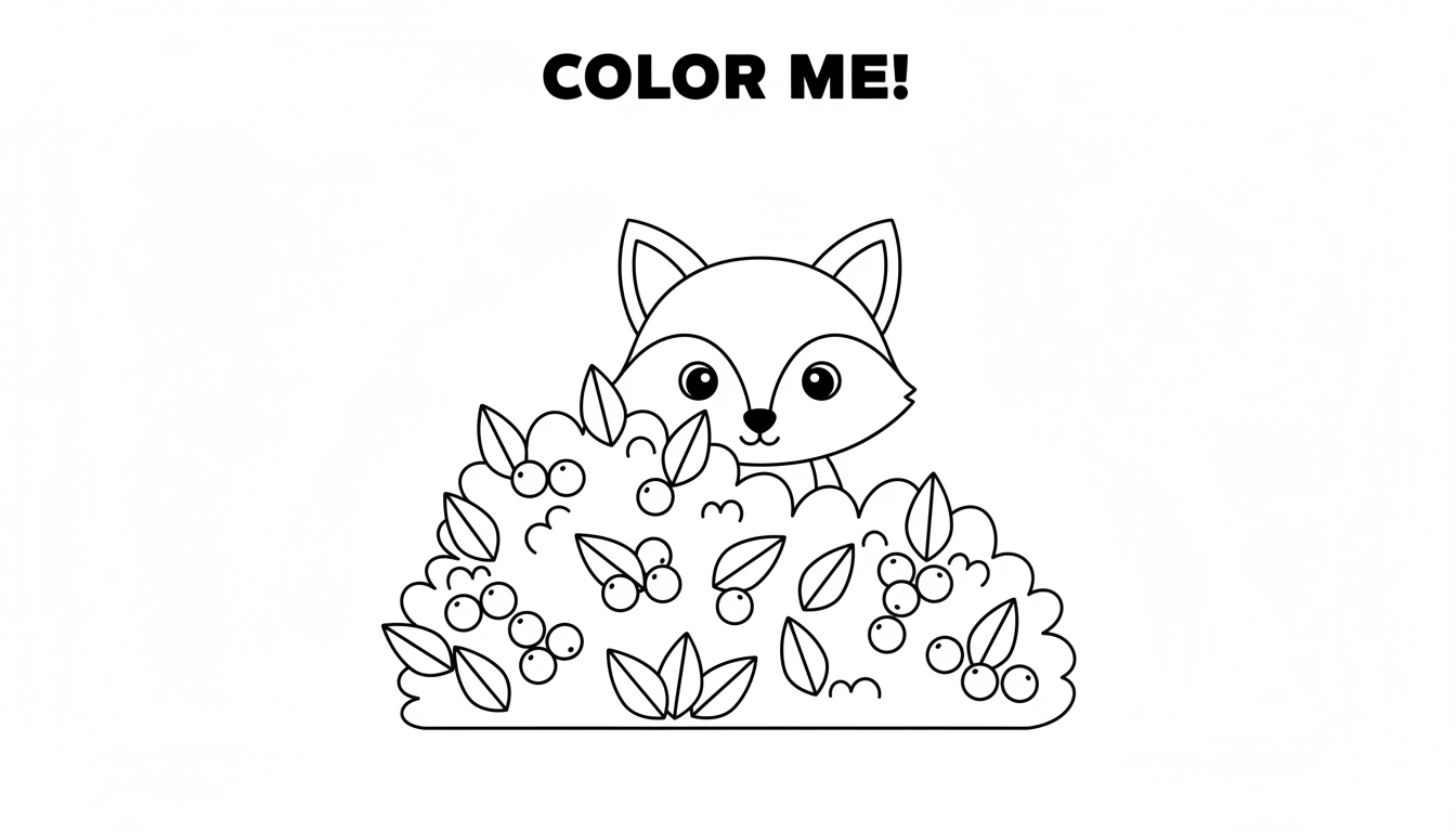 Cute fox peeking behind berry bush coloring page to print