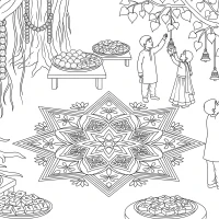 Indian courtyard rangoli with banyan and children