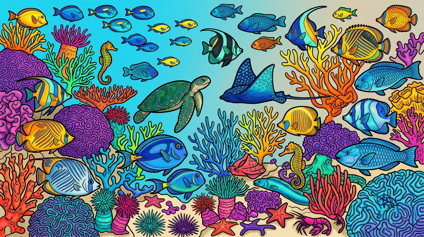 colorful coral reef teeming with sea life coloring page to print