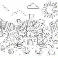 beach scene with kids building sandcastles and collecting seashells