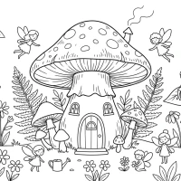 Whimsical giant mushroom house with tiny fairies