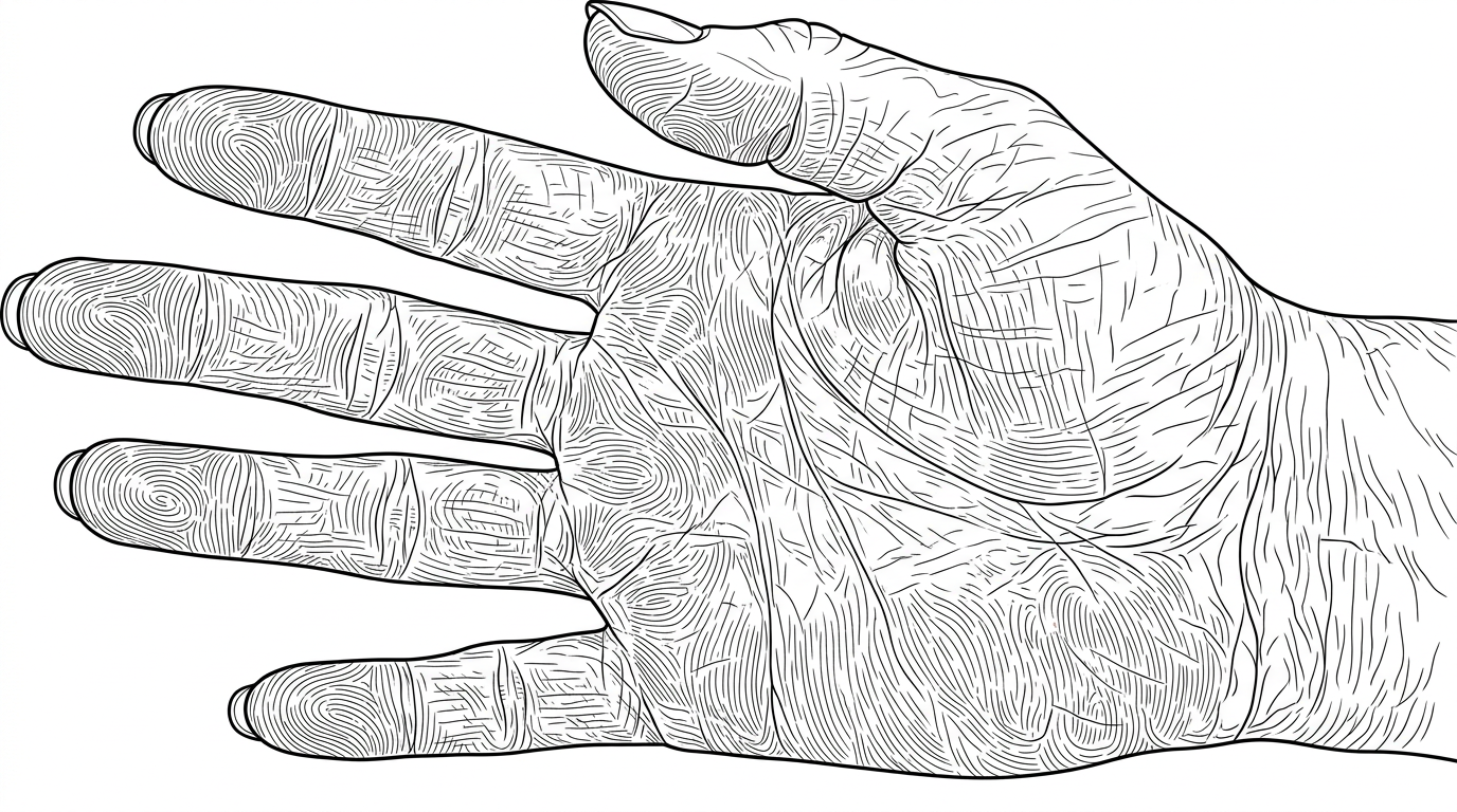 detailed human hand with fingers and nails coloring page to print