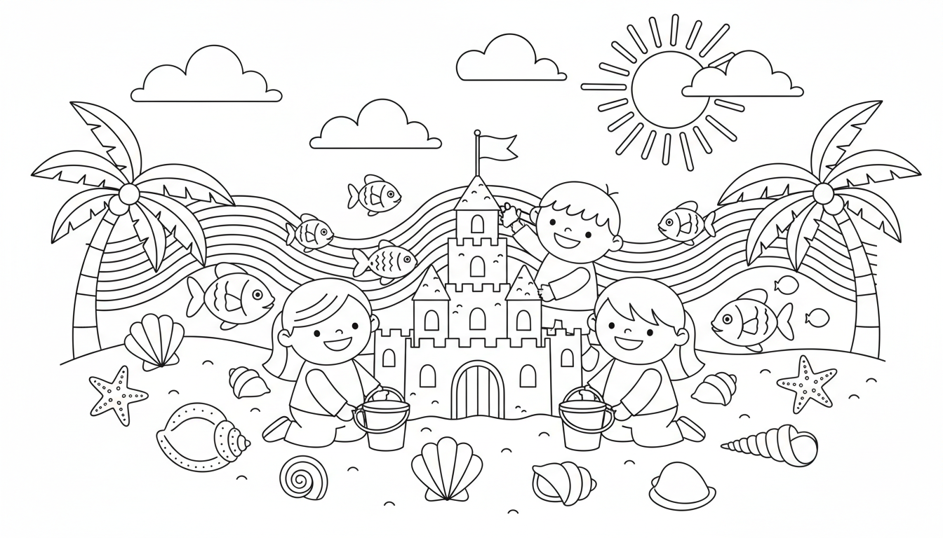 beach scene with kids building sandcastles and collecting seashells coloring page to print