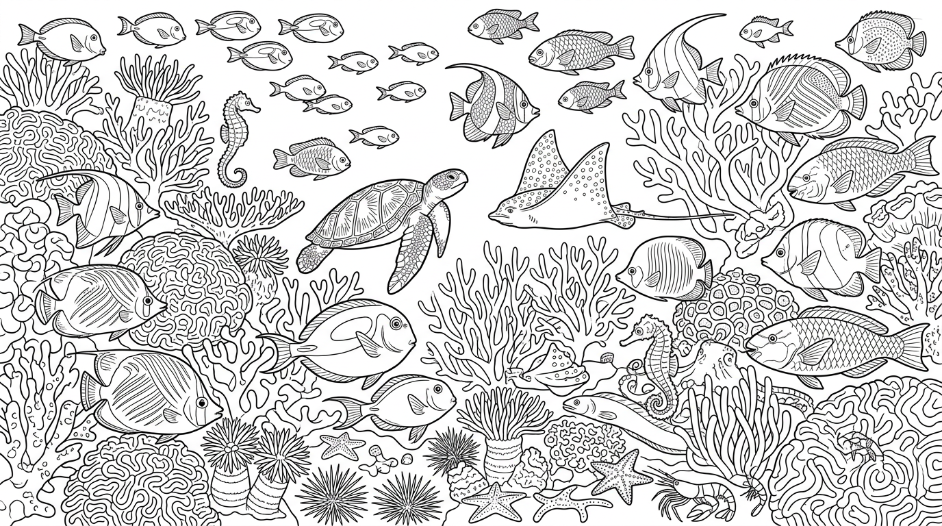 colorful coral reef teeming with sea life coloring page to print