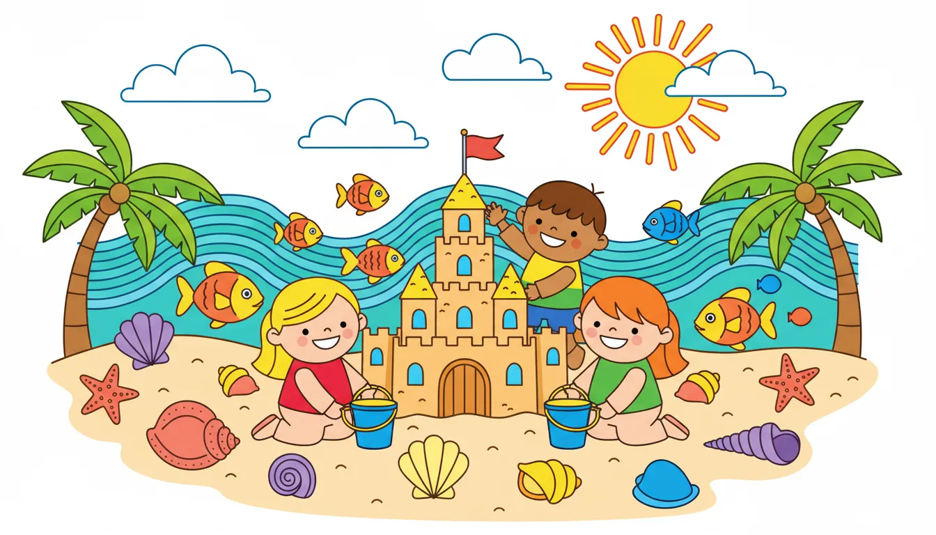 beach scene with kids building sandcastles and collecting seashells coloring page to print