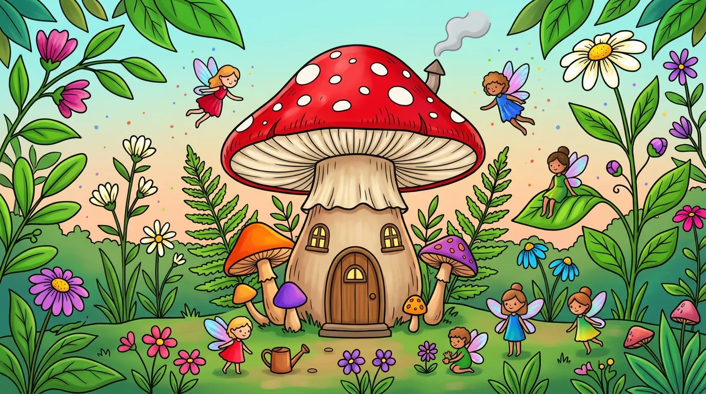 Whimsical giant mushroom house with tiny fairies coloring page to print