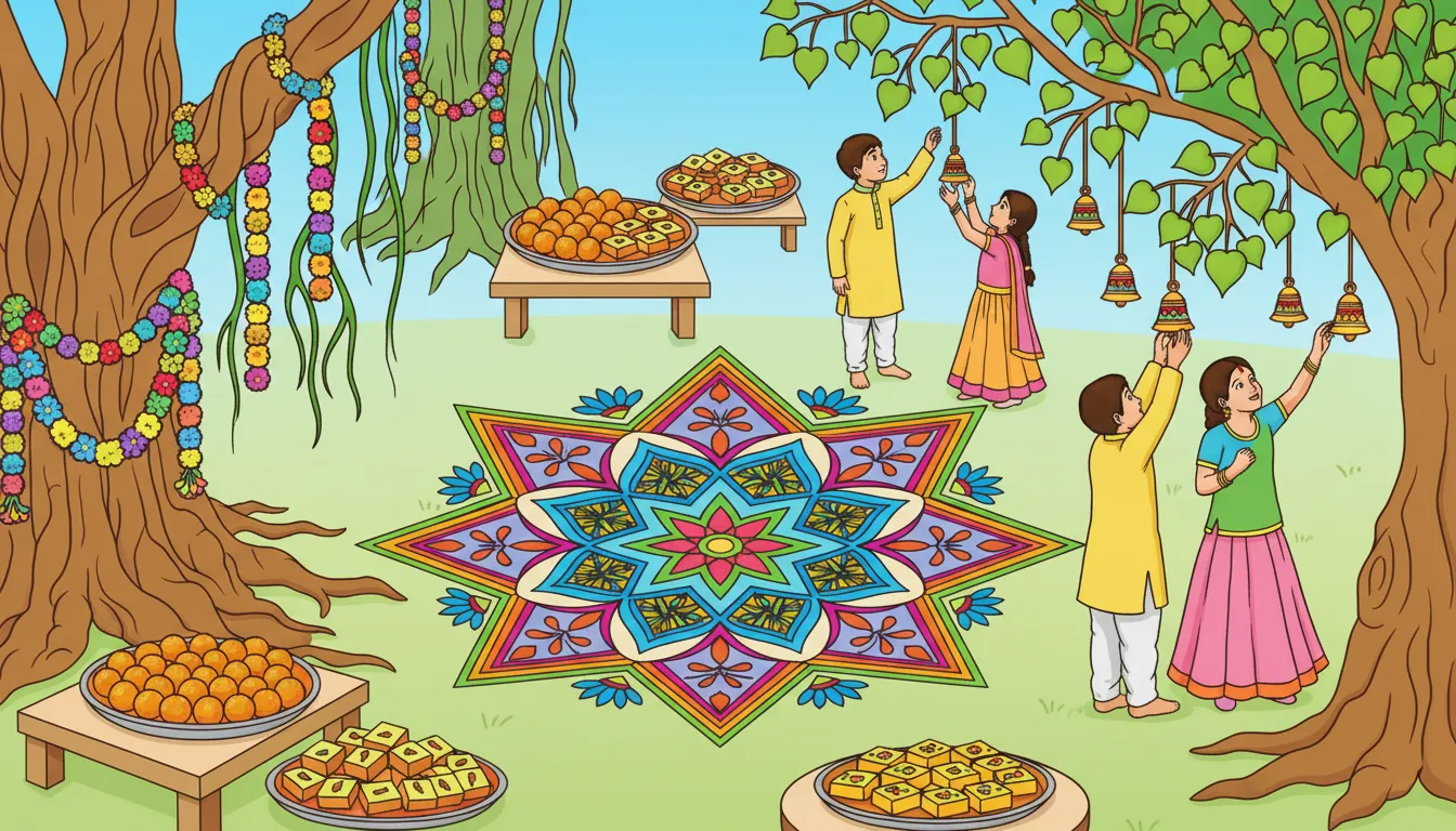 Indian courtyard rangoli with banyan and children coloring page to print