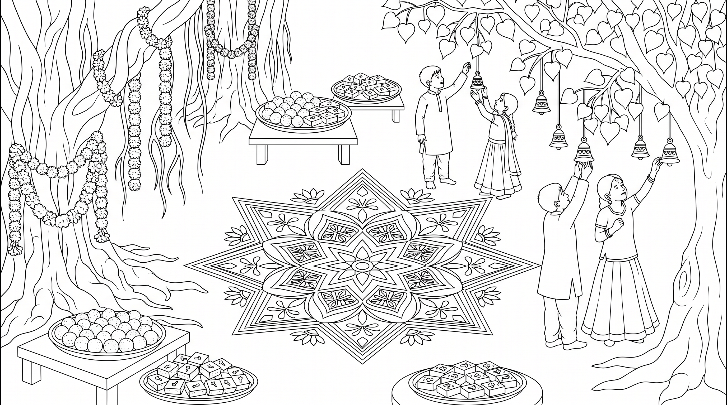 Indian courtyard rangoli with banyan and children coloring page to print