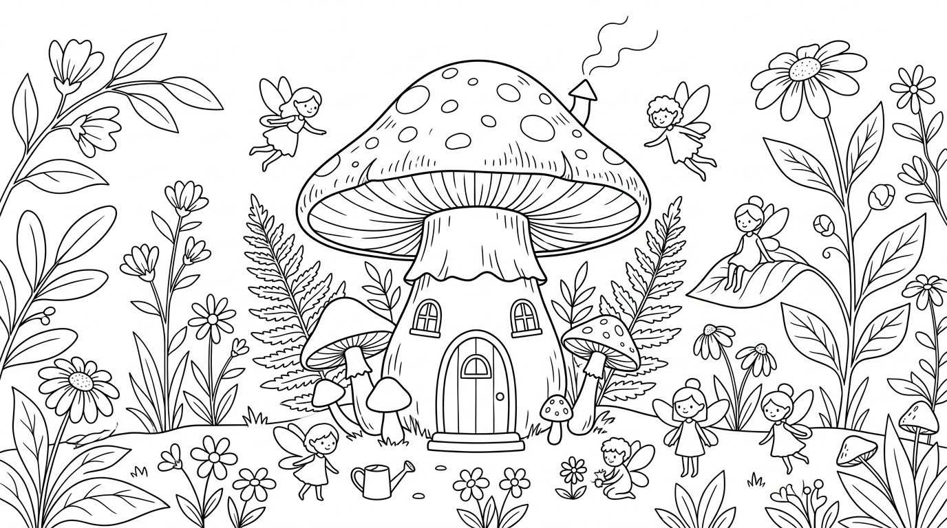 Whimsical giant mushroom house with tiny fairies coloring page to print