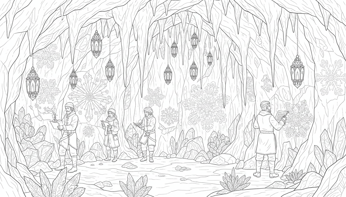 Christmas Arctic cave with frost crystals and lanterns coloring page to print