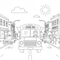 A bus driving through a busy city street with shops and pedestrians.