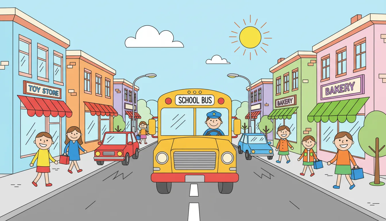 A bus driving through a busy city street with shops and pedestrians. coloring page to print