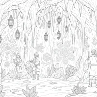Christmas Arctic cave with frost crystals and lanterns