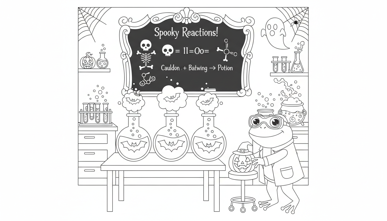 Halloween science lab with bats and frog assistant coloring page to print