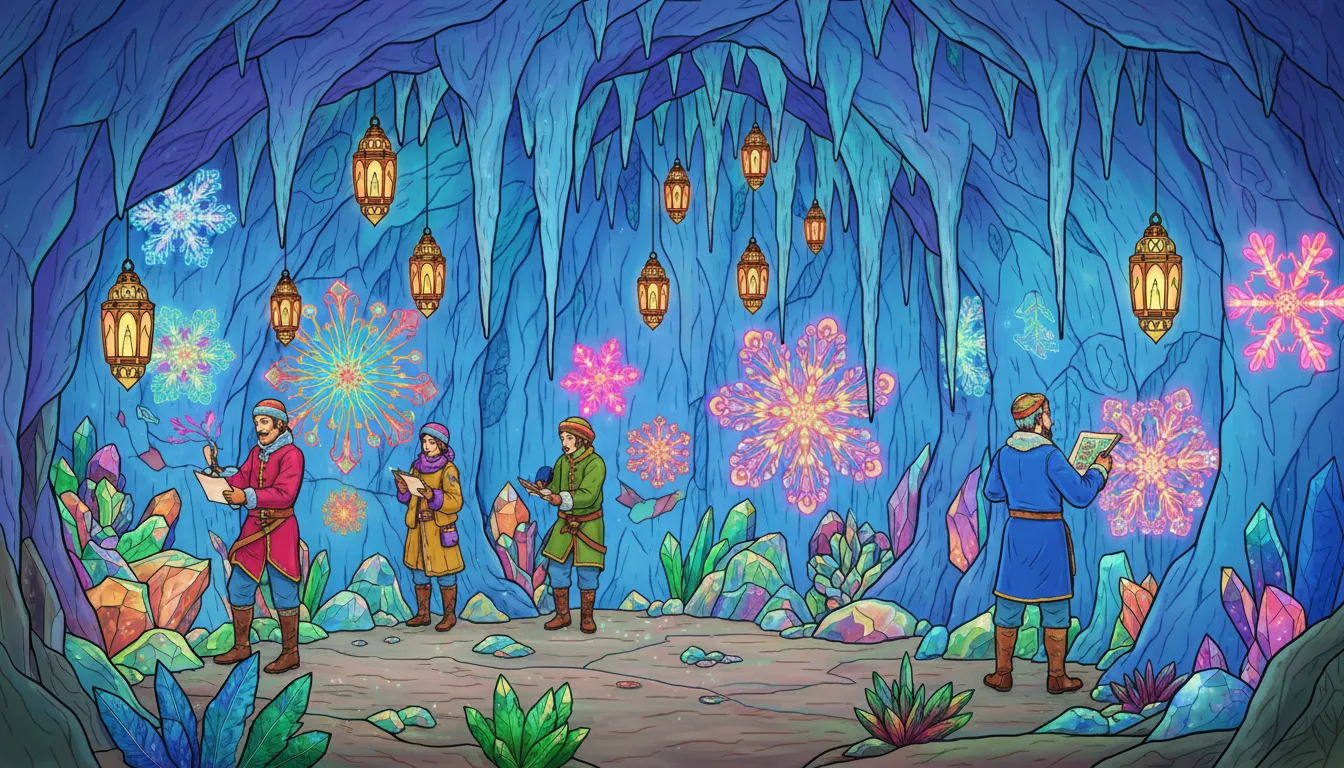 Christmas Arctic cave with frost crystals and lanterns coloring page to print