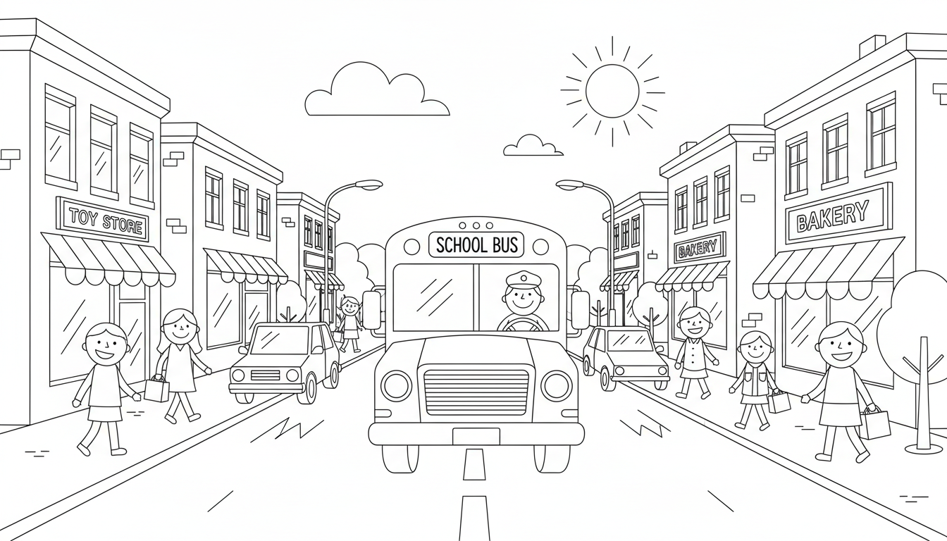 A bus driving through a busy city street with shops and pedestrians. coloring page to print