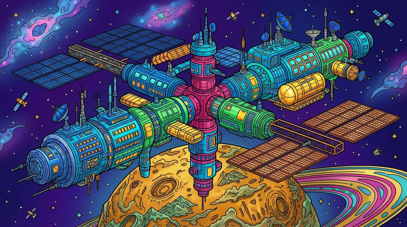A futuristic space station orbiting a distant planet with windows and antennas. coloring page to print