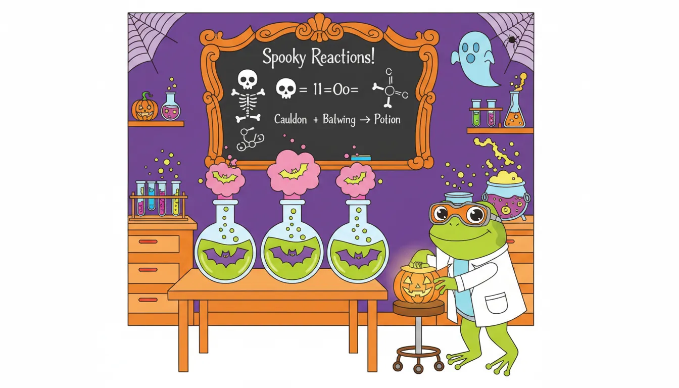 Halloween science lab with bats and frog assistant coloring page to print