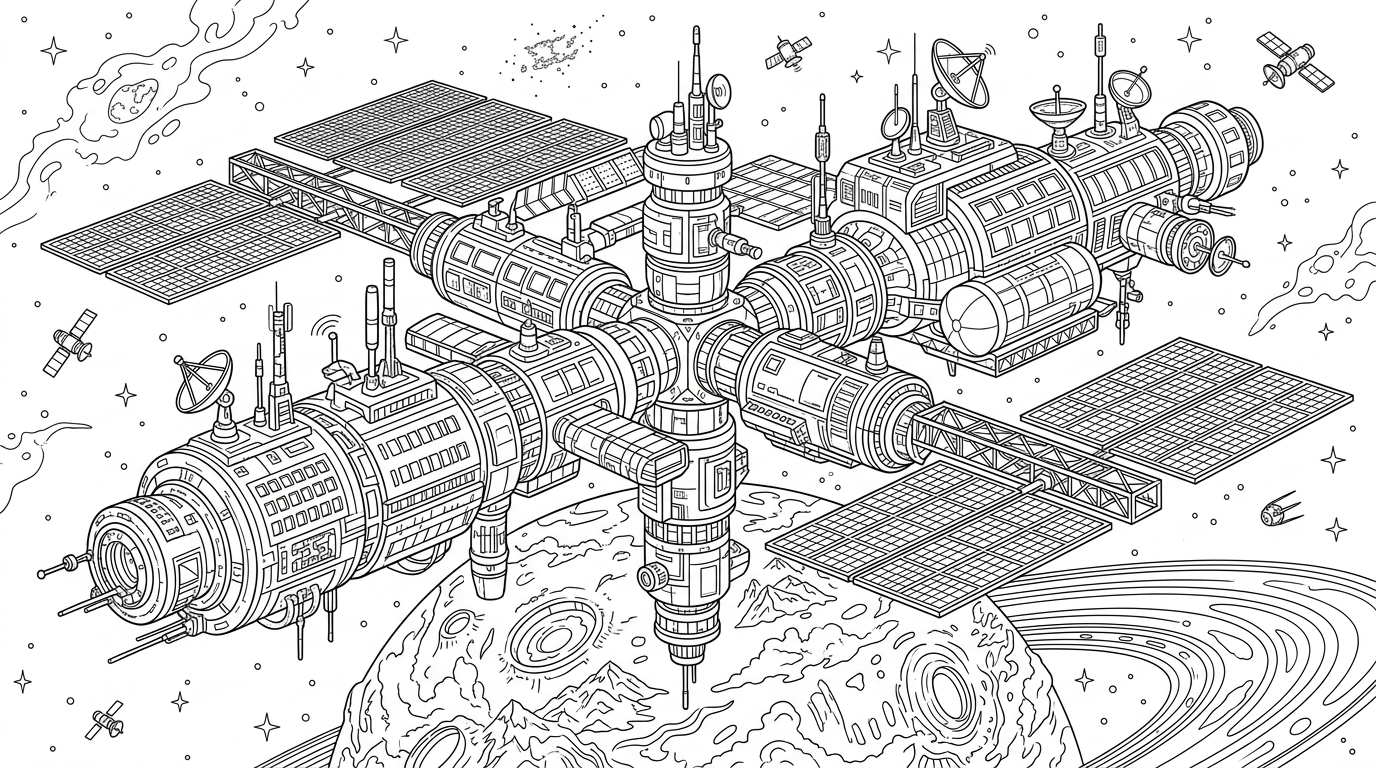 A futuristic space station orbiting a distant planet with windows and antennas. coloring page to print