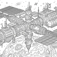A futuristic space station orbiting a distant planet with windows and antennas.