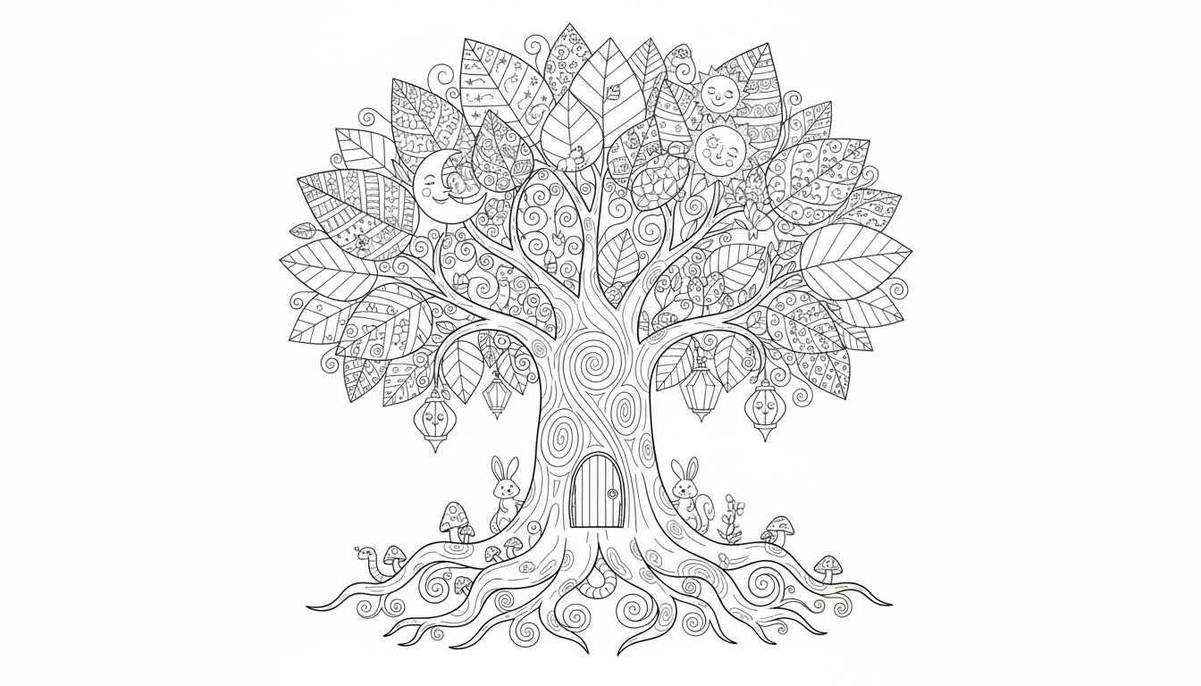 cross-section of a tree with roots, trunk, and leaves coloring page to print