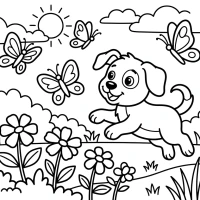 A playful scene with a puppy chasing butterflies in a garden.