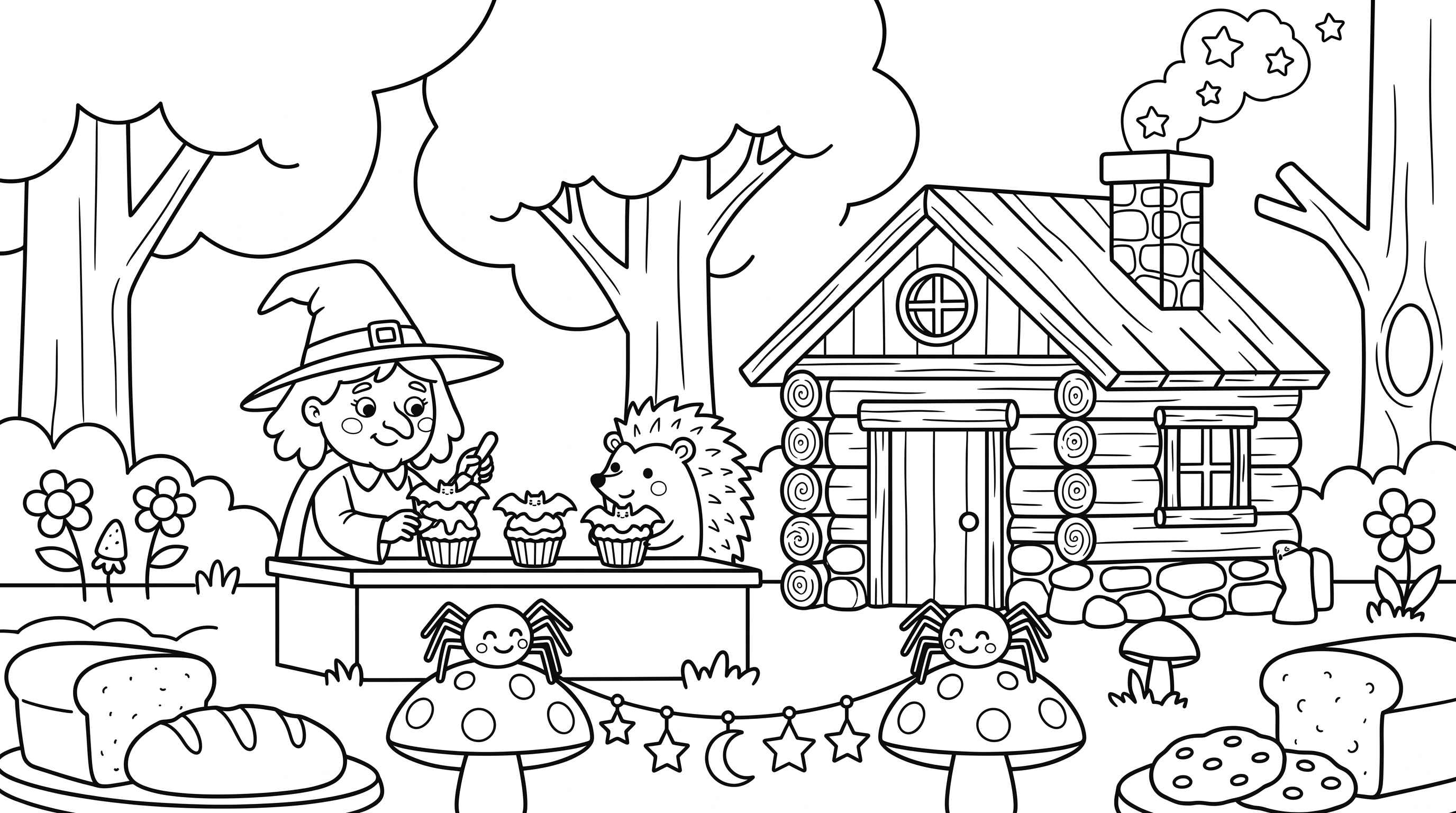 forest cottage bakery with witch and hedgehog coloring page to print