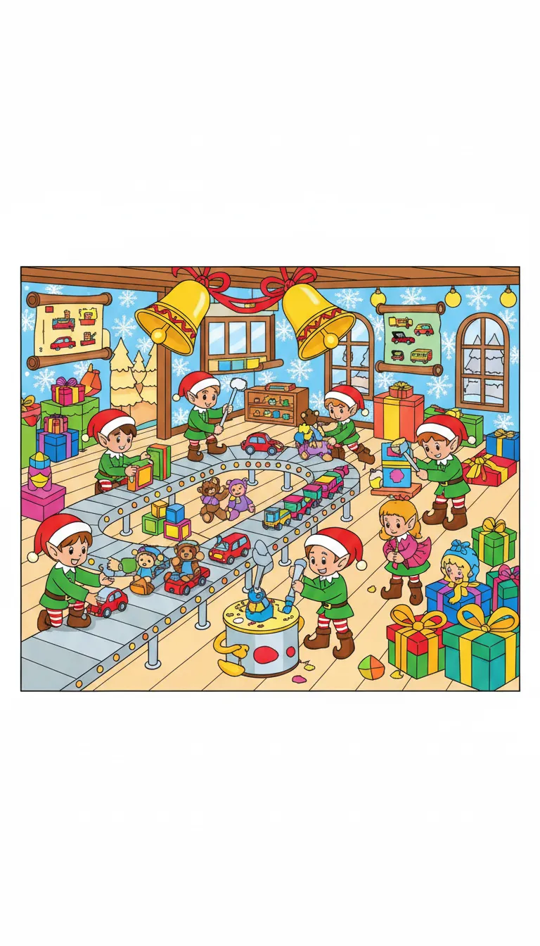 Christmas toy workshop scene coloring page to print