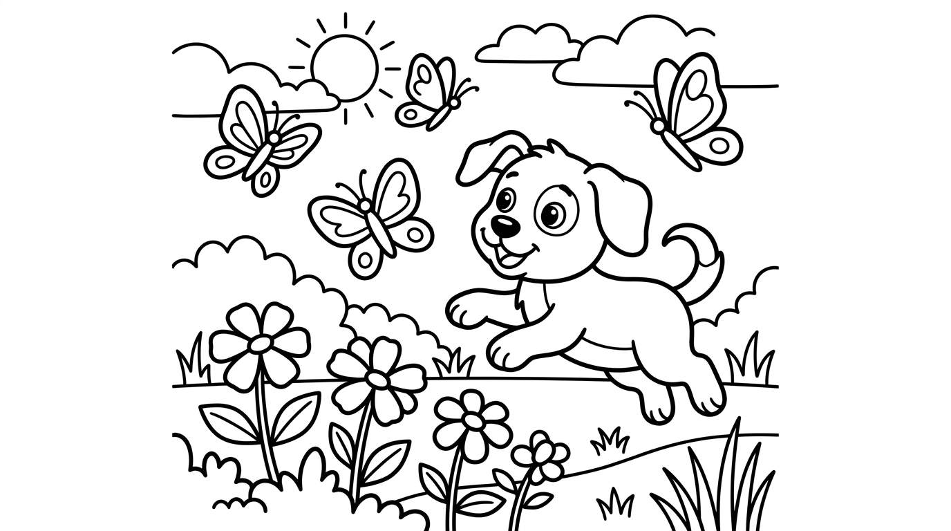 A playful scene with a puppy chasing butterflies in a garden. coloring page to print
