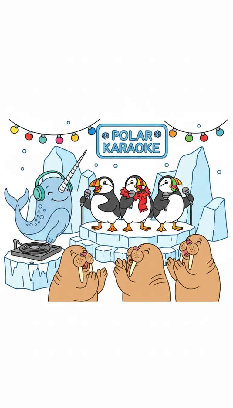 Funny Christmas polar karaoke scene coloring page to print