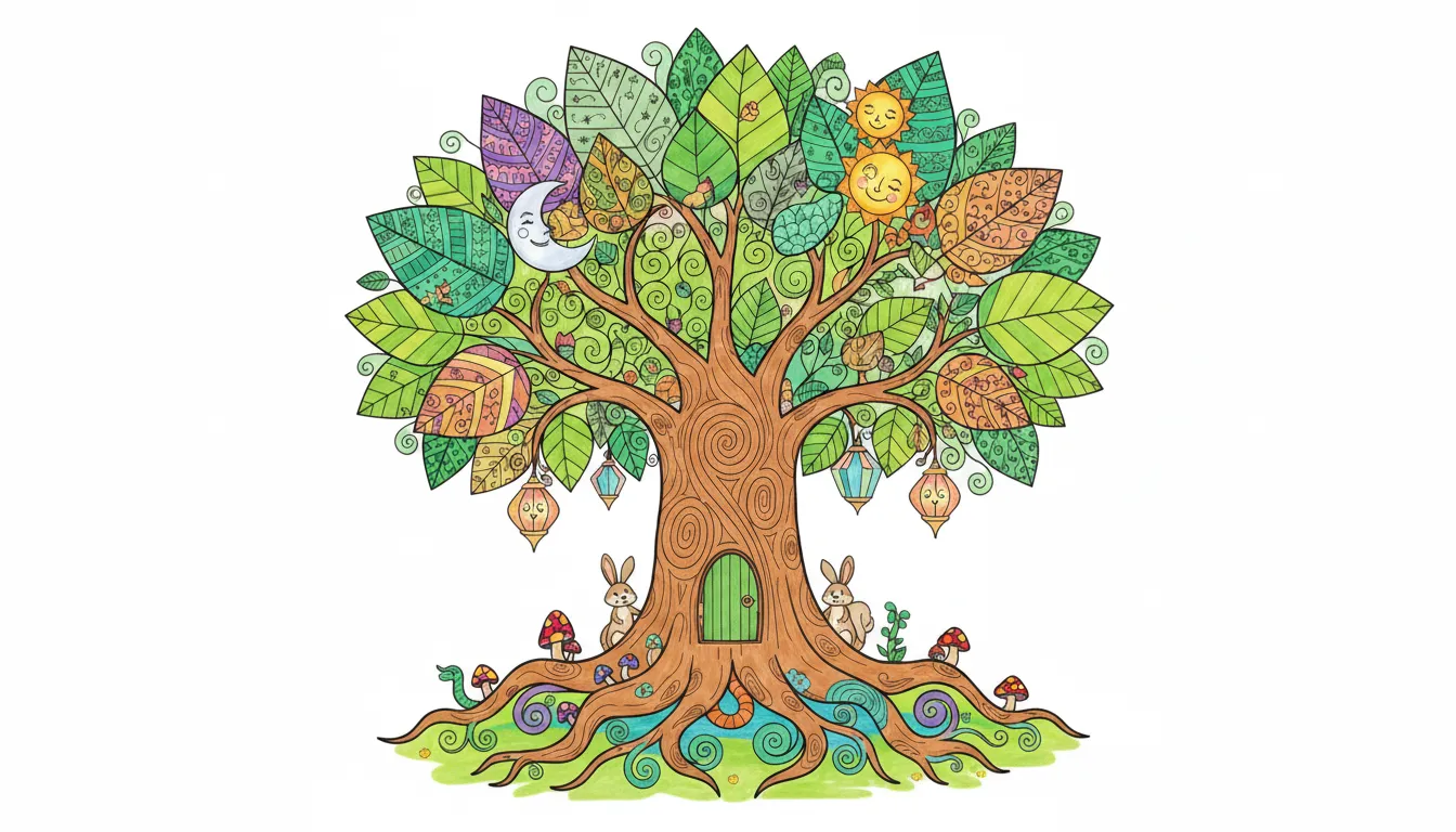 cross-section of a tree with roots, trunk, and leaves coloring page to print