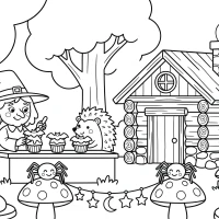 forest cottage bakery with witch and hedgehog