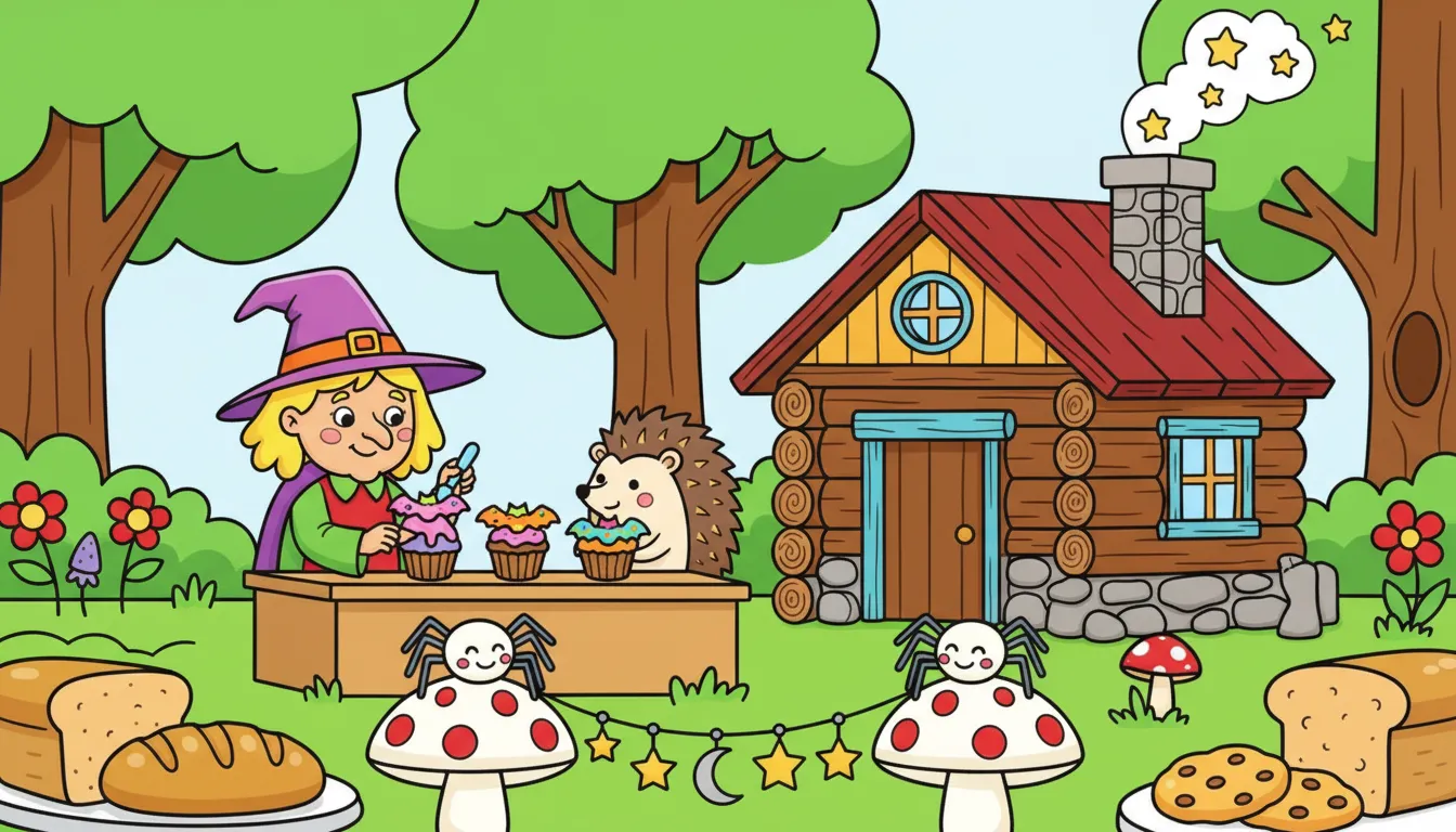 forest cottage bakery with witch and hedgehog coloring page to print