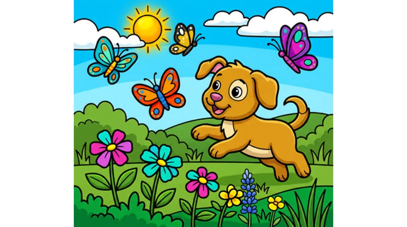 A playful scene with a puppy chasing butterflies in a garden. coloring page to print