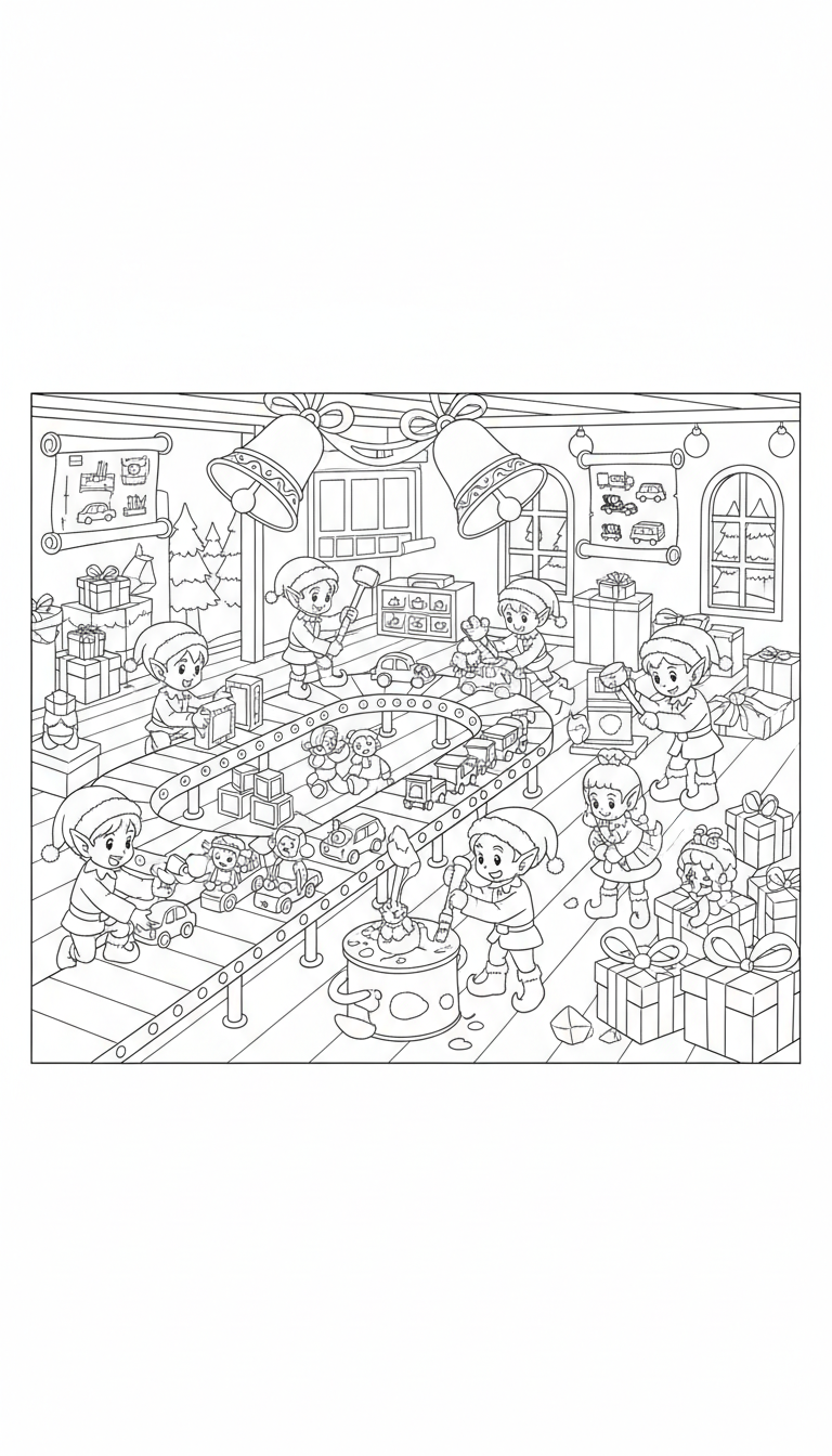 Christmas toy workshop scene coloring page to print