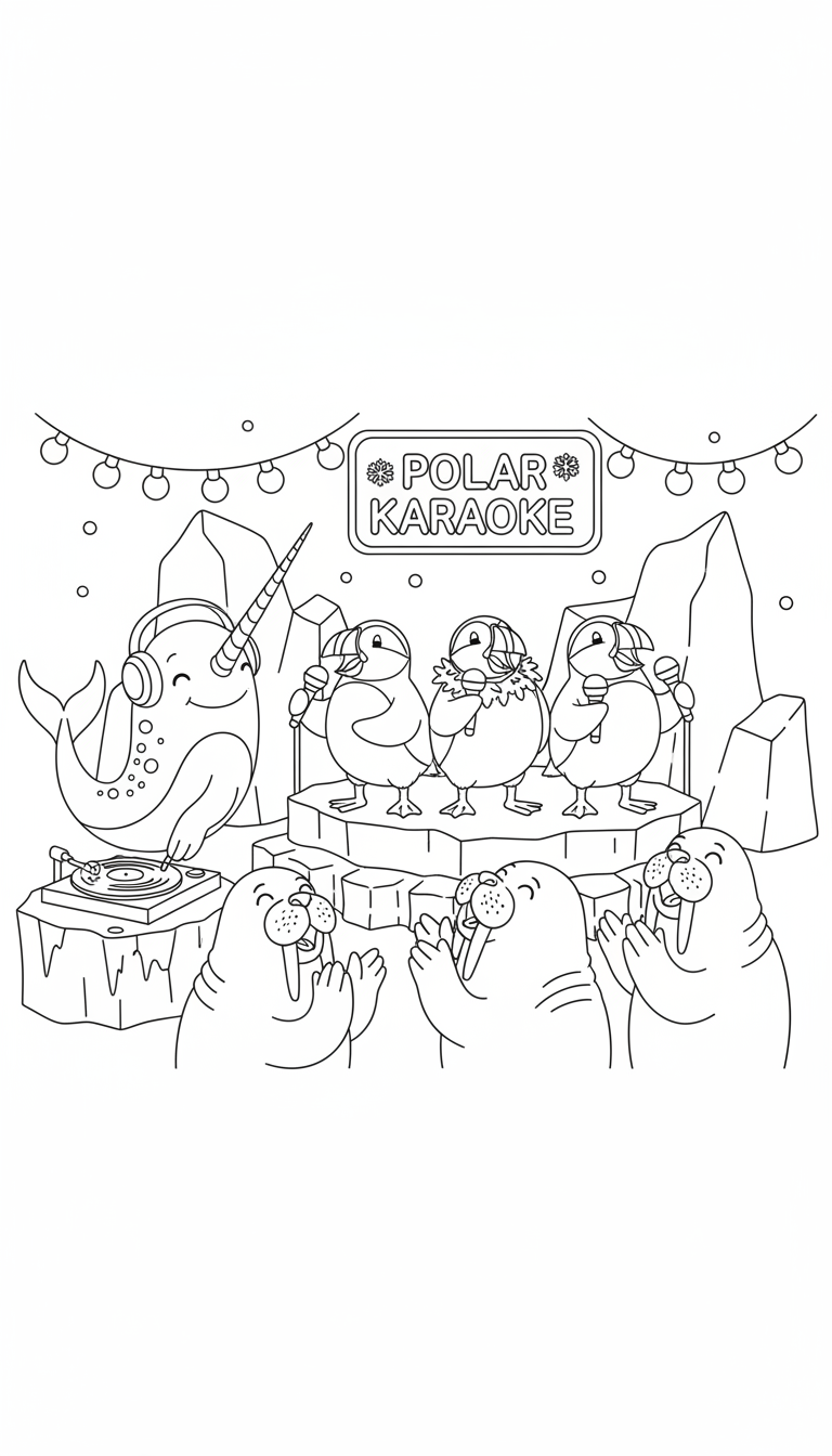Funny Christmas polar karaoke scene coloring page to print