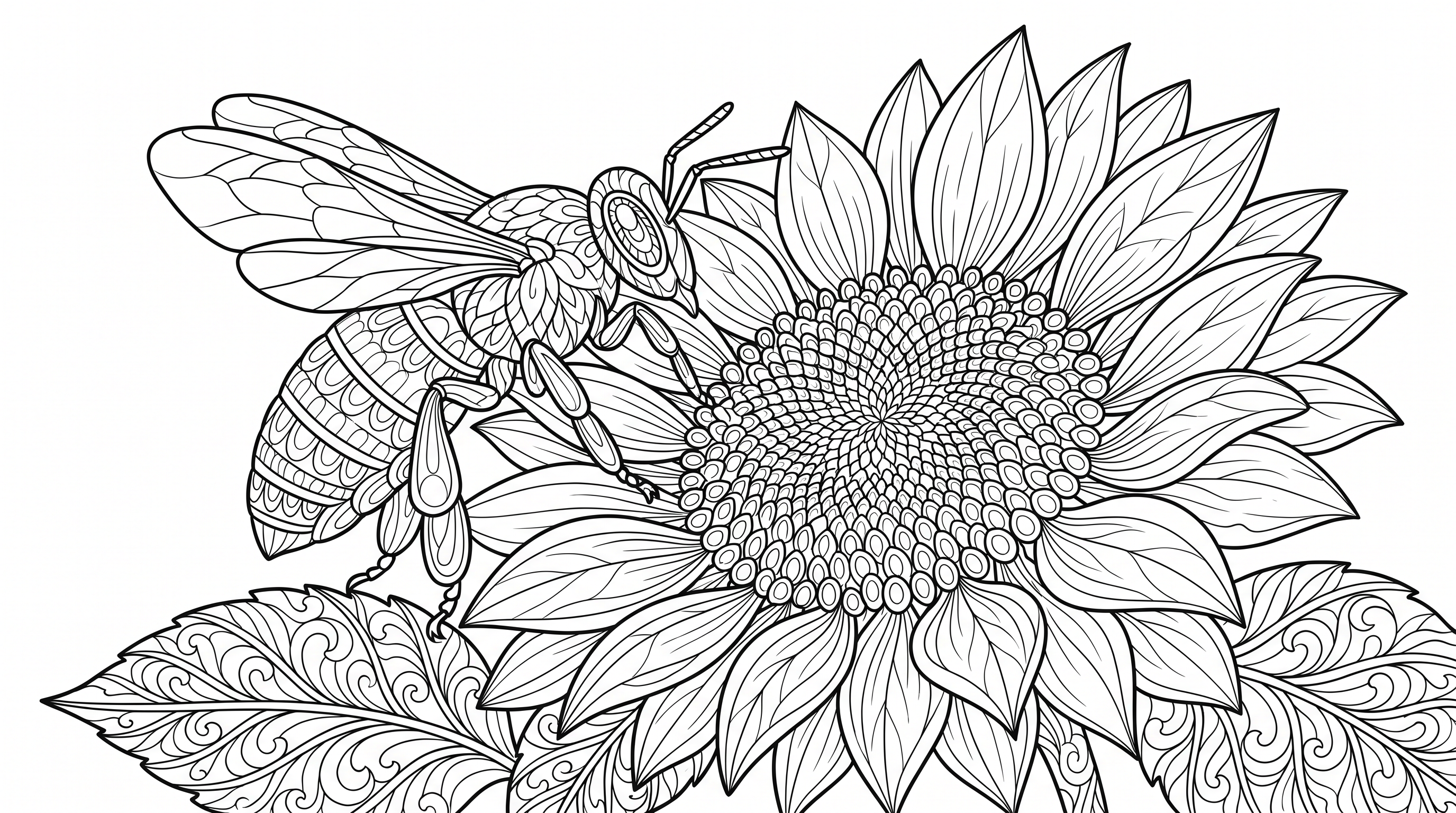 bee collecting nectar from sunflower coloring page to print