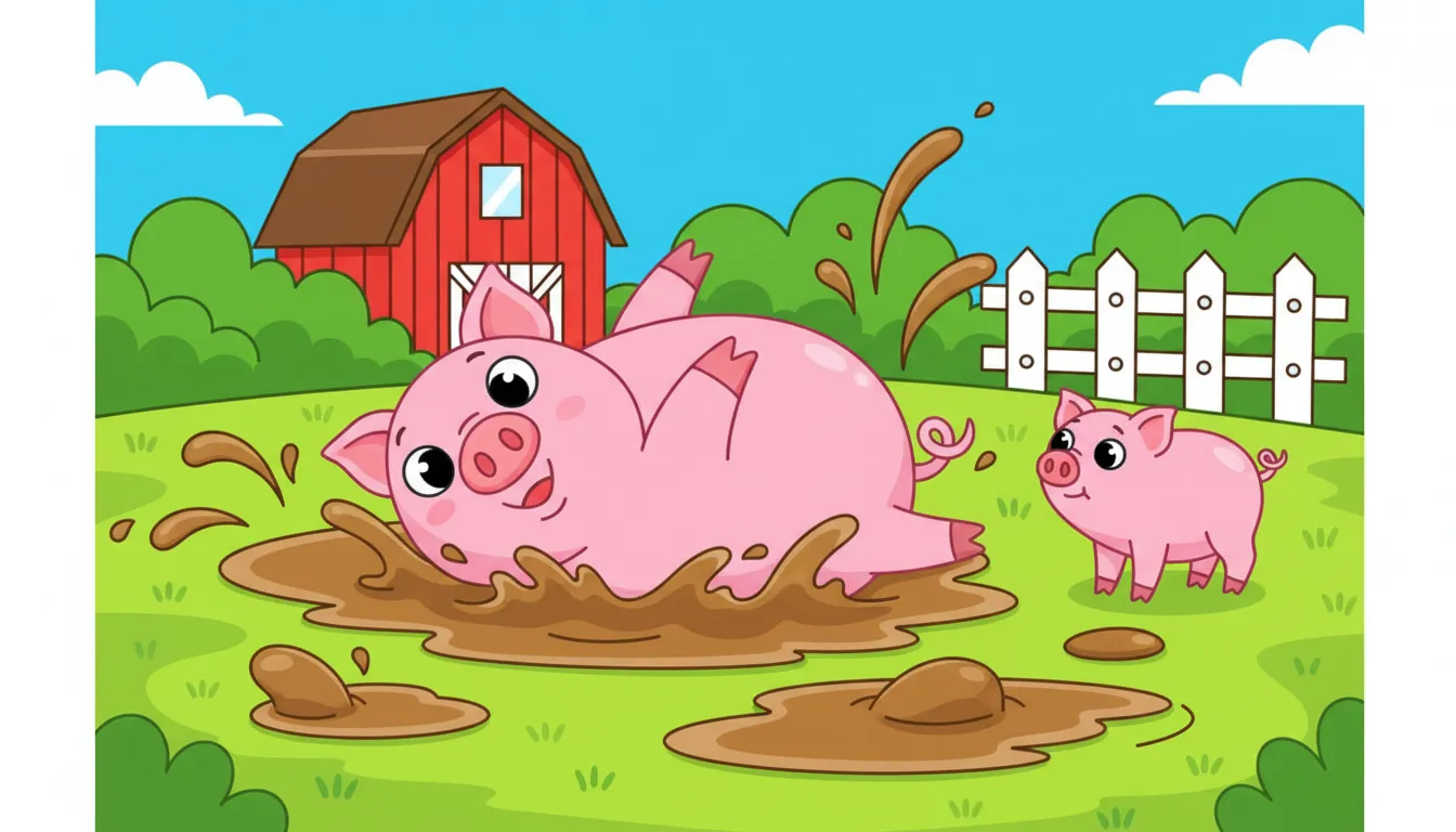 farm scene with pig rolling in muddy puddles coloring page to print