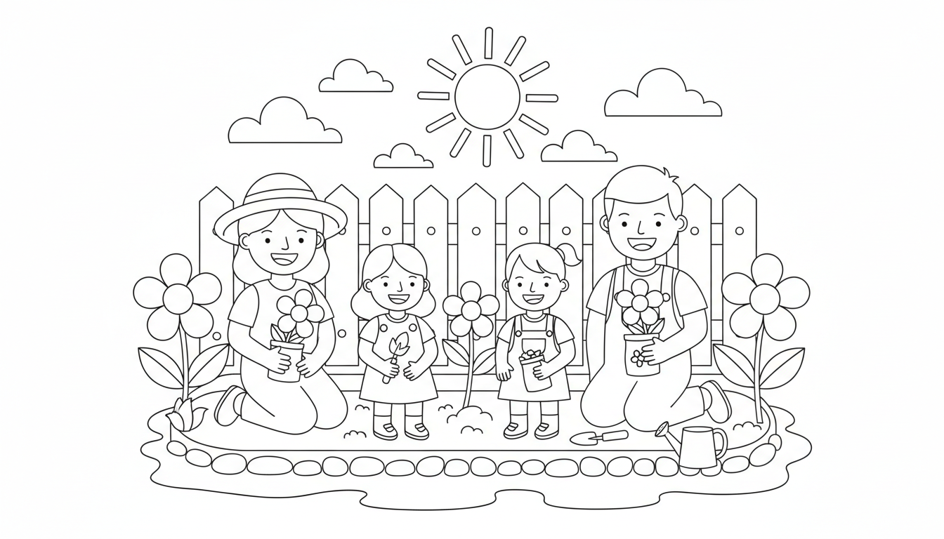 family planting flowers in spring garden coloring page to print